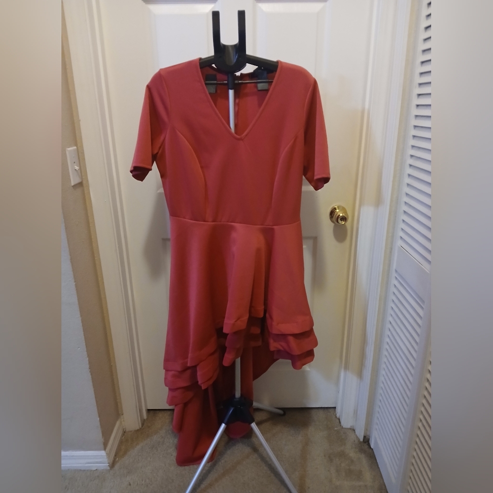 Ashley Stewart V Neck short sleeves Ruffled Hi-Low asymmetrical shirt dress.